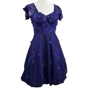 Rickie Freeman Teri Jon Beaded Floral Applique Lace Tulle Dress Navy Indigo Sz 2
